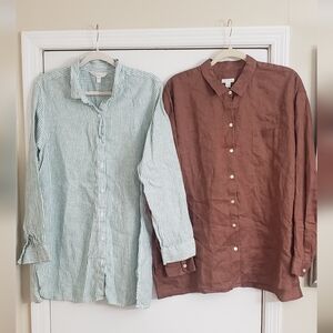 2 Pc Linen Bundle Garnet Hill Green Striped and J. Jill Brown Casual Shirts
